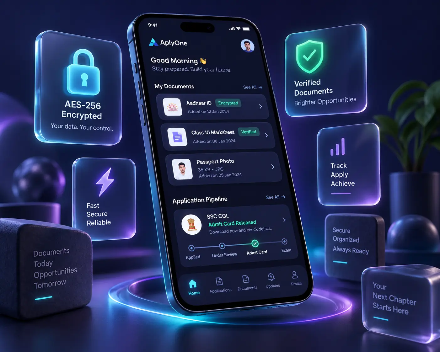 ApplyOne app dashboard showing document vault, form autofill and application tracking features